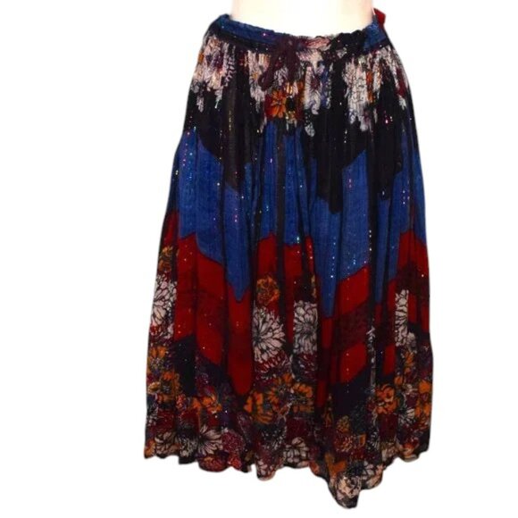 Multi Color Drawstring Skirt with Metallic Threads Floral Print - Picture 2 of 4